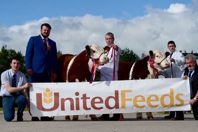 Last year's winners along with William McMordie left (United feeds sponsors) and right John Gill (Chairman)