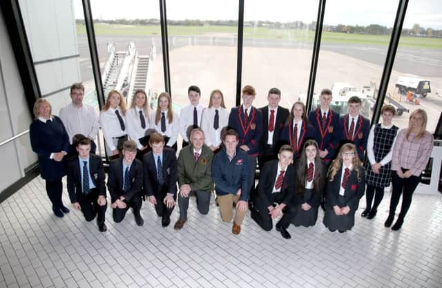 Pictured at Belfast International Airport before heading off on a farm 
to fork study tour to ABPs facility at Ellsemere in Shropshire are 
pupils and teachers from Belfast Royal Academy; Enniskillen Royal 
Grammar; St Louis Ballymena and Rainey Endowed Magherafelt. The pupils 
are all competition finalists in the ABP Angus Youth Challenge, a skills 
development initiative for young people interested in a career in the 
agri-food sector. Accompanying them were Charles Smith of the Northern 
Irish Angus Producer Group and Arthur Callaghan from ABP in Northern 
Ireland. The ABP Angus Youth Challenge is now open for entries from new  participants, aged 14-16, until 30th November 2018.