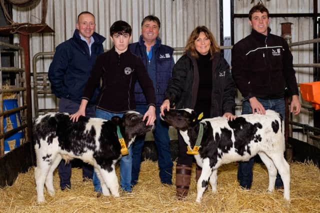 Brian McCarron, left, Genus ABS with John and Helen Dugan and sons Bradley and Johnny on their Gilnahirk farm with a Fertility Plus British Blue calf and a Holstein heifer calf by Lars - Acres Shot Trigger. Photograph: Columba O'Hare/ Newry.ie