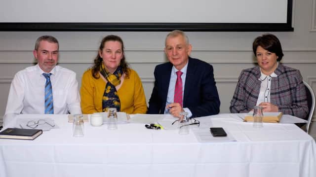 The top table at the  Northern Ireland Food Chain Certification AGM in Portadown. From left: Noel Lavery, Operations Manager; Valerie McCann, Company Secretary; Robin Irvine, Chairman and Claire Garvey, MG Accountants. Photograph: Columba O'Hare/ Newry.ie