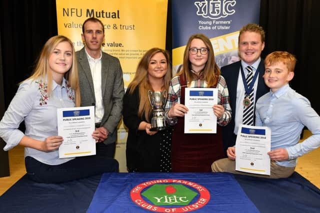 James Speers, YFCU president, Robert Caldwell from sponsors NFU Mutual, and Hannah Spratt, broadcast journalist at Q Radio and Donaghadee YFC member pictured with the winners of the 14-16 category at the YFCU public speaking finals, (left to right) Zara Ginniff (Annaclone and Magherally YFC), Ivanna Strawbridge (Coleraine YFC) and Adam Gaston (Glarryford YFC)