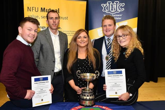 James Speers, YFCU president, Robert Caldwell from sponsors NFU Mutual, and Hannah Spratt, broadcast journalist at Q Radio and Donaghadee YFC member pictured with the winners of the 18-21 impromptu category at the YFCU public speaking finals, (left to right) Adam Alexander (Kilrea YFC) and Ellen King (Glarryford YFC). (George Hadnett, Mountnorris YFC not pictured)
