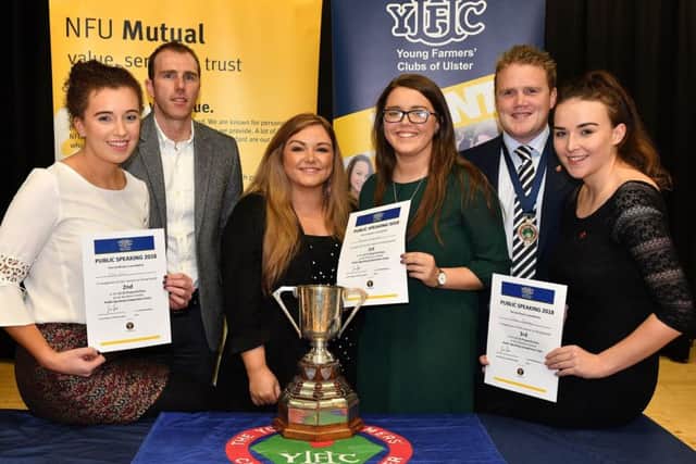 James Speers, YFCU president, Robert Caldwell from sponsors NFU Mutual, and Hannah Spratt, broadcast journalist at Q Radio and Donaghadee YFC member pictured with the winners of the 21-25 prepared category at the YFCU public speaking finals, (left to right) Cathy Reid (Glarryford YFC), Hannah Kirkpatrick (Kilraughts YFC) and Alana Buckley (Straid YFC)