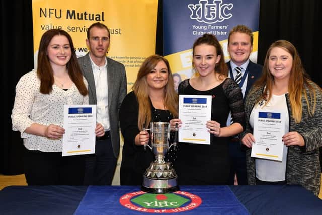 James Speers, YFCU president, Robert Caldwell from sponsors NFU Mutual, and Hannah Spratt, broadcast journalist at Q Radio and Donaghadee YFC member pictured with the winners of the 21-25 impromptu category at the YFCU public speaking finals, (left to right) Rebecca Lamont (Coleraine YFC), Alana Buckley (Straid YFC) and Shannen Vance (Trillick YFC)