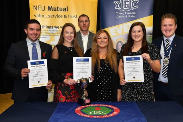 James Speers, YFCU president, Robert Caldwell from sponsors NFU Mutual, and Hannah Spratt, broadcast journalist at Q Radio and Donaghadee YFC member pictured with the winners of the 25-30 prepared category at the YFCU public speaking finals, (left to right) Andrew Patton (Newtownards YFC), Zita McNaugher (Moneymore YFC) and Judith McKinley (Trillick YFC)