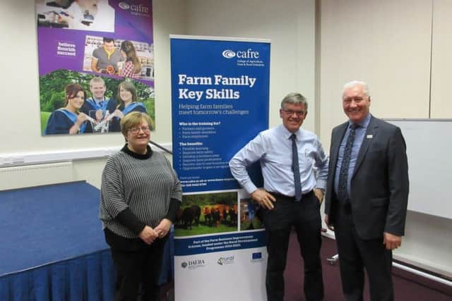 The platform party pictured at Loughry Campus during the recent Making Tax Digital seminar. Included are Lowry Grant, from accountancy firm PKF/FPM, with Charlie Kilpatrick and Gillian Reid, of Rural Support.