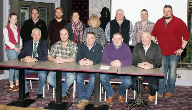 Irish Beltex Sheep Breeders Club office bearers and members pictured at their AGM. Seated from left, Hugh ONeill, Gary Scott, Treasurer, Mark Latimer, Chairman, Kenny Preston, Secretary and Eddie ONeill, Vice Chairman. Back row, from left, Zara Preston, Seamus Kelly, Patrick Brolly, Elizabeth McAllister, Shirlee Nicholson, Wade McCrabbe, Andrew Rollston and John Harbinson.