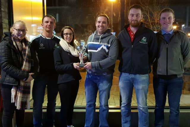 Pictured with YFCU vice president Peter Alexander (fourth from left) are the winners of the 2018 ten pin bowling trophy, Spa YFC, Hannah Shaw, James Ferguson, Nicola Edgar, Matthew Patterson and Matthew Cleland
