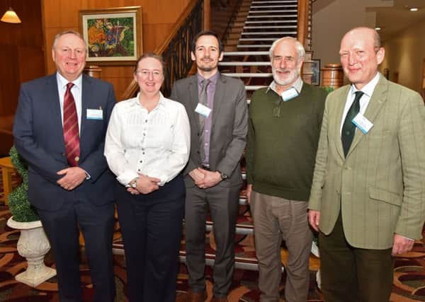 The organisers and chairs of the event: Mr Hamilton Loney (Northern Ireland Fruit Growers Association), Dr Elizabeth Magowan (Head of SAFSD, AFBI), Dr Richard OâHanlon (Acting Head of Grassland and Plant Sciences Branch, AFBI), Mr Peter Archdale, Mr Stuart Morwood (Forest Service, DAERA)