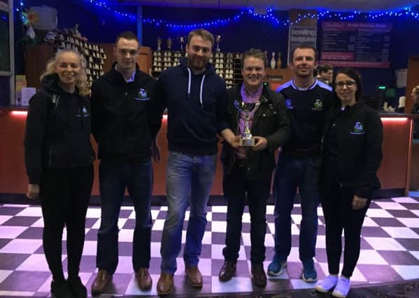 Pictured (left to right) are the winners of the 2018 ten pin bowling trophy, Spa YFC, Hannah Shaw, James Carlisle, Matthew Patterson, YFCU president James Speers, James Ferguson and Nicola Edgar
