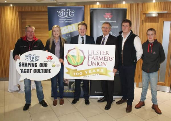 Pictured from left are: Nigel Hanna from Massey Ferguson, Jessica Pollock from YFCU, YFCU president James Speers, UFU president Ivor Ferguson, James Purcell from YFCU and Shane Hanna