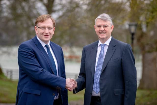 Royal A-ware of the Netherlands and Glanbia Ireland have announced plans to enter a strategic partnership that proposes to build a new continental cheese manufacturing facility in Belview, Co Kilkenny, Ireland. Pictured at the announcement of the new partnership were Jan Anker, Chief Executive of Royal A-Ware, and Jim Bergin, Chief Executive of Glanbia Ireland. The new facility will have a production capacity of 450 million litres of milk per annum and is scheduled for commissioning in 2022.