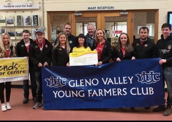 Following a successful fatstock show, sale and charity auction in November, Gleno Valley Young Farmers' Club members alongside Ballymena Livestock Market staff were delighted to present £22,372.54 to Friends of the Cancer Centre