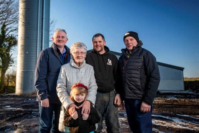 Left to right: Stephen Comer, senior business manager at First Trust Bank is pictured outside the poultry unit at Allens Farm alongside Paul Allen, Robert Allen, Eoin Donnelly, agri business manager at First Trust Bank, David Allen and his two children Jack and Lucy