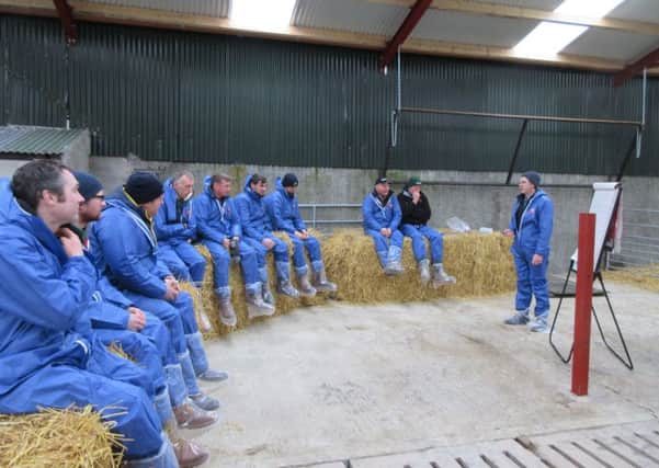 Aidan Cushnahan, CAFRE dairying adviser discussing calf rearing strategies with Broughshane Dairying Business Development Group