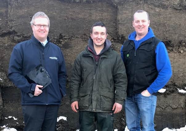 Silage making competition winner Matthew Gault pictured with judges Ronald Annett from John Thompson and Sons Limited and Roger McCracken from Ballywalter YFC