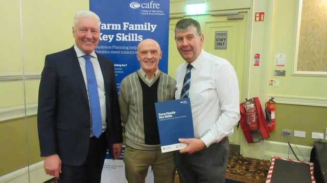 Sharman Dougan from Collone, Co Armagh pictured discussing information gained when he attended the Making Tax Digital seminar in Armagh with Kenneth Johnston of CAFRE who in partnership with Rural Support are offering a number of seminars being held throughout Northern Ireland in February 2019. Also included is Lowry Grant of PKF/FPM who delivered the seminar.