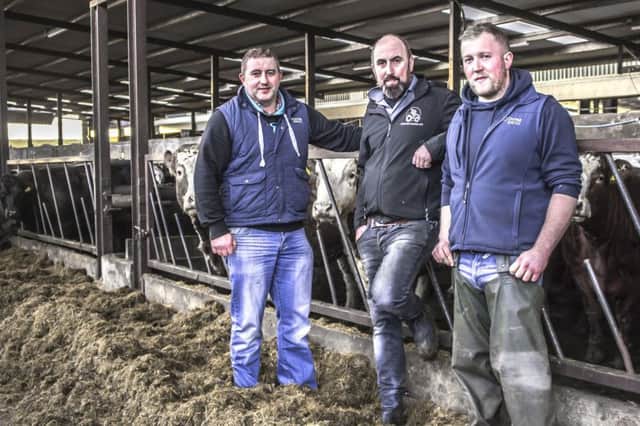 James Alexander is pictured with Pearse McNamee and Eamon McGarry from Dovea Genetics ahead of the Jalex Herd Open Day which takes place on Saturday 9th March (11am to 3pm).