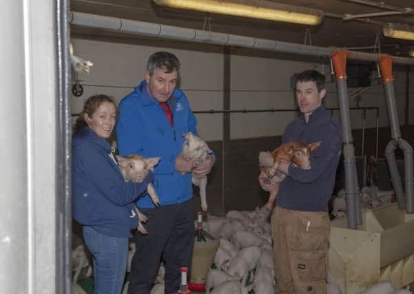 Pictured are Eamon McMeel, sales manager, McAree Engineering, (blue jacket) Áine Comiskey, from Kilnaleck, pig farm manager and Gareth Marry, pig producer and farm owner