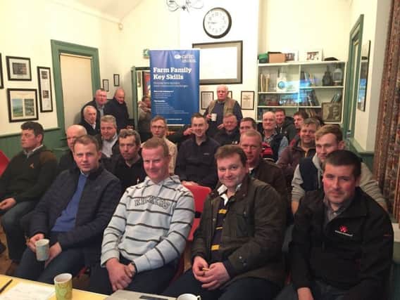 Farmers in the Station House, Brookeborough having a well-earned cup of tea following their first workshop on soil fertility.