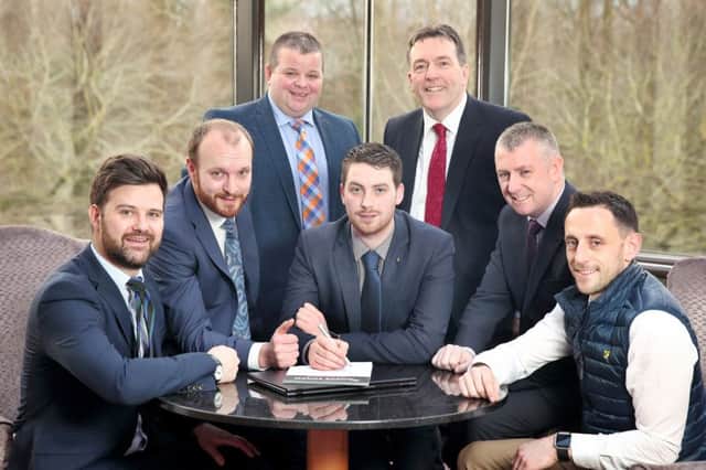 Helping announce the line-up of judges for the 2019 ABP Angus Youth Challenge semi-final event, which takes place on Friday 8th March at CAFRE Loughry Campus, are members of the judging panel front, from left: Andrew Wallace, Business in the Community NI; Daryl Boyd CAFRE Adviser to NI Better Farm Beef Programme; Daryl McLaughlin, Adviser Ulster Farmers Union; Conall Donnelly, Chief Executive Northern Ireland Meat Exporters Association and Seamus McMenamin, Economist NI Livestock & Meat Commission. Pictured with them are George McWhirter, Northern Irish Angus Producer Group and George Mullan, Managing Director, ABP in Northern Ireland.