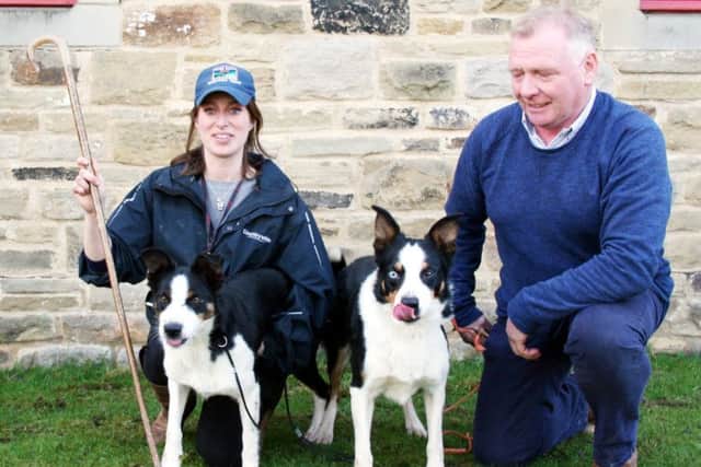 Emma Gray with her 14,000gns world record price sheep dog bitch Brenna, joined by the dogs sire, Llangwm Cap and his owner Aled Owen