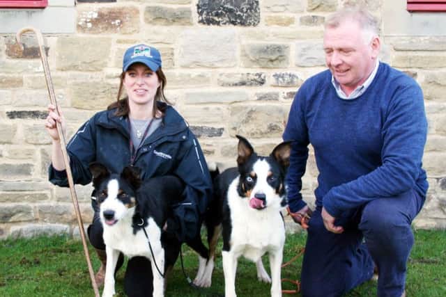 Emma Gray with her 14,000gns world record price sheep dog bitch Brenna, joined by the dogs sire, Llangwm Cap and his owner Aled Owen