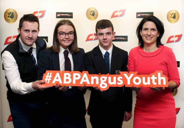 ABP Angus Youth Challenge Semi final judge and President of the NI Veterinary Association Aurelie Moralis joins Arthur Callaghan ABP NI Blade Farming Co-ordinator with some of the 51 semi finalists, Jayne Cruickshank from Ballymena Academy and Robert Dowey from Ballycastle High School.