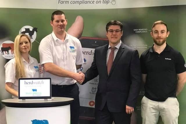 Teresa and Brian Kelly, founders of Bullmatch, with Fabien Peyaud and James Greevy from Herdwatch