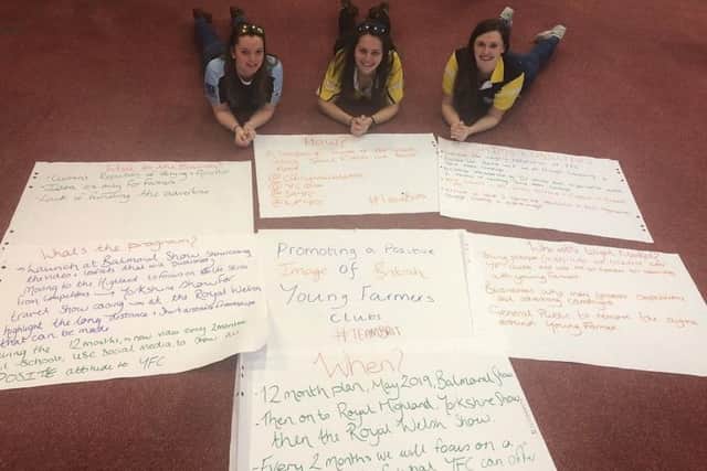 YFCU programmes co-ordinator, Lisa Black, and Spa YFC member, Sarah Dorman work on ideas of promoting a positive image of young farmers and empowering young people