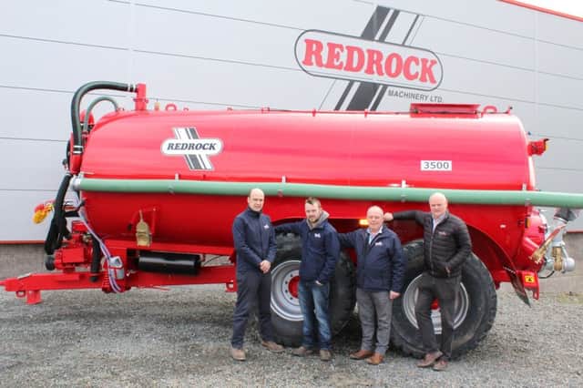Riada Tractors and Agri Sales has been appointed as the new Redrock Machinery agent for Co Antrim. Discussing their joint plans for the future while standing in front of a twin axle Redrock vacuum tanker: left to right: Mark Linden, sales manager Redrock Machinery; Boyd McVicker, Riada Tractors and Agri Sales; Ken McVicker, Riada Tractors and Agri Sales and Frank Flynn, managing director Redrock Machinery