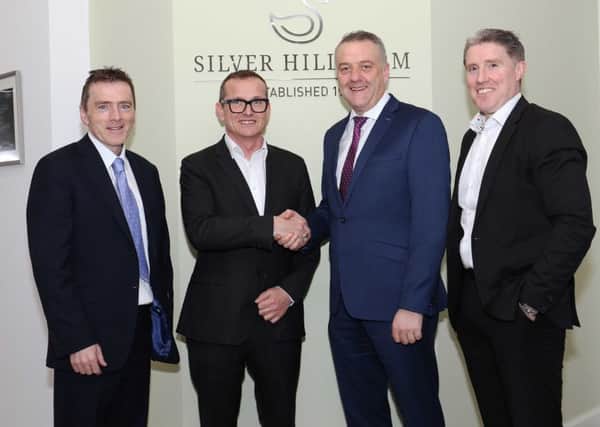 Left to right: Sean McGreevy, Group Finance Officer, Fane Valley Group, Stuart Steele, Trevor Lockhart, Chief Executive, Fane Valley Group, and Micheál Briody, CEO, Silver Hill Foods, at the announcement of the acquisition of Silver Hill Foods by Fane Valley Group