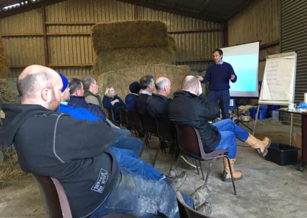 Cormac McKervey, Ulster Bank discussing investment with a Co Down Business Development Group on John Coulters farm Dromara