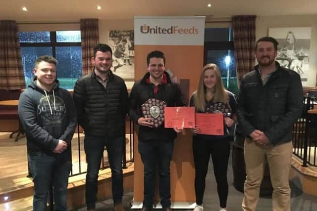 Co Londonderry YFC assessors Adam Alexander and Robert Sloan, Jonny Kyle from United Feeds and award winners Richard Beattie and Lois McCurdy