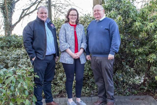 Andrea Rooney, Tassagh, winner of the Greenmount Campus Farm Business student award with First Trust Bank Judge Eoin Donnelly, left, (Agriculture Business Manager); and Year Manager Ian McMaw, right, Course Manager: (left to right) Christopher Ruddock (Donaghcloney) runner-up; third placed Jamie Adair (Banbridge); and Dr Kate Semple