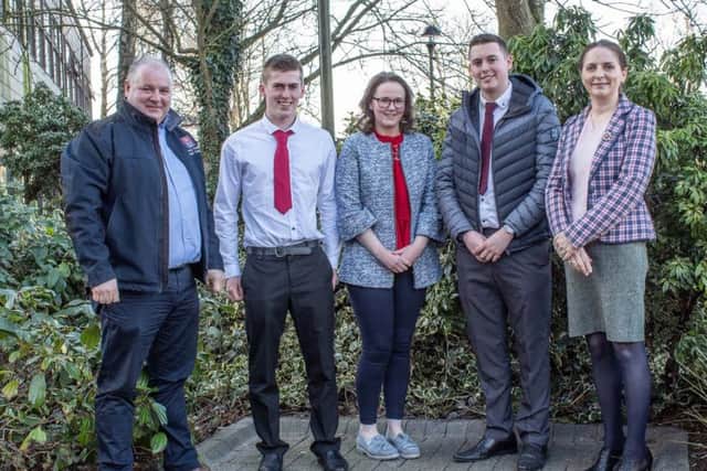 Greenmount Campus Farm Business student award winners with: (left to right) First Trust Bank Judge Eoin Donnelly, (Agriculture Business Manager); Christopher Ruddock (Donaghcloney) runner-up; Andrea Rooney (Tassagh) winner; third placed Jamie Adair (Banbridge); and Dr Kate Semple, Course Manager