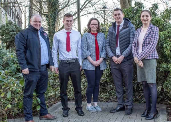 Greenmount Campus Farm Business student award winners with: (left to right) First Trust Bank Judge Eoin Donnelly, (Agriculture Business Manager); Christopher Ruddock (Donaghcloney) runner-up; Andrea Rooney (Tassagh) winner; third placed Jamie Adair (Banbridge); and Dr Kate Semple, Course Manager
