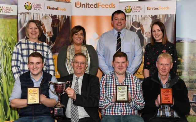 Round Bale N.I. winners: 
Back row (l-r): Joyce McConnell, Ballyclare Group; Lynsey Crawford, Alan Boyd United Feeds; and Lesley Graham, North Tyrone Group. 
Front row (l-r): James Robson (1st place), Ivor Ferguson, UFU President;  Jonathan Crawford (2nd place) and Stephen Smyth (3rd place).