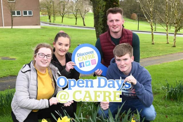 Zara Fulton and Dionne McEvoy (Foundation Degree in Food, Nutrition and Health students) and Robert Hamilton and Sam Morrison (Level 3 Extended Diploma in Agriculture students) invite students to attend the spring Open Days at CAFRE to discover more about agri-food and land land-based courses at Enniskillen, Greenmount and Loughry Campuses
