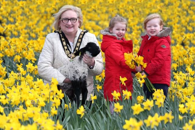 The Mayor of Causeway Coast and Glens Borough Council Councillor Brenda Chivers is joined by 4-year-old Niamh Semple and 3-year-old Lewis Shannon from Sandcastles Day Nursery in Ballymoney ahead of Ballymoney Spring Fair which takes place on Saturday 13thApril. The event promises an unmissable day of activities and attractions throughout the town culminating in a colourful cavalcade and carnival parade.PICTURE KEVIN MCAULEY/MCAULEY MULTIMEDIA