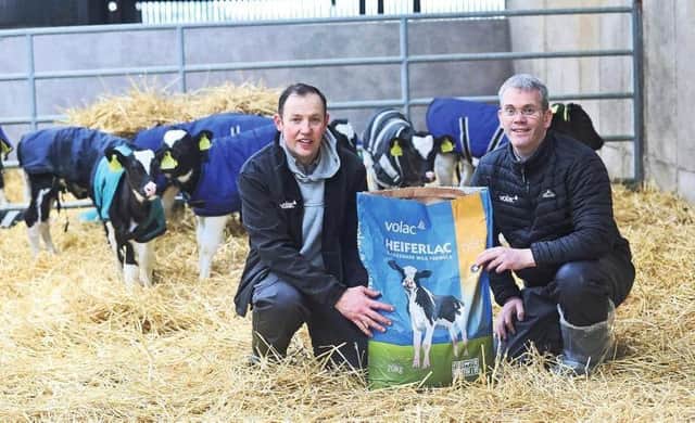 Award winning Co Monaghan milk producer Darran McKenna, left,  with JP Harkin of Volac.