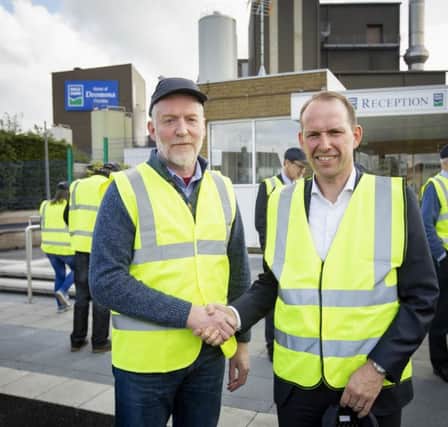 Dale Farm Group CEO Nick Whelan right welcomes Guild of Agricultural Journalists' Chairman Richard Halleron to Dunmanbridge. Members of the Guild visited the Co Tyrone plant earlier this week