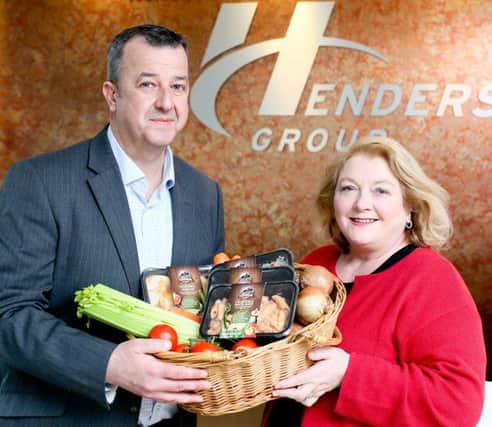 Pictured: Steven Kennedy, Henderson Group and Lorna Robinson, Cloughbane Farm. Following an investment of over £200,000, the Tyrone based company has launched its first range of meat-free products which has secured listings with the Henderson Group.