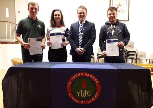 Winners from the 18-21 age category with YFCU president James Speers, Alan Fleming, Cappagh YFC, Katie Witherspoon, Lisnamurrican YFC, and Adam Alexander, Kilrea YFC