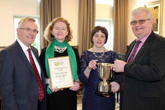 This year the Cuthbert Trophy was awarded to the West Antrim group for retaining the highest percentage of their members in 2018. Pictured receiving the trophy is Ivan Johnston, Hilary Maybin, and Linda McNeilly with Ivor Ferguson, UFU President.