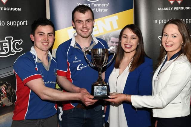 (Left to right) Club of the Year winners Collone YFCmMembers Ian Walker and Matthew Livingstone with and Amy Bennington, commercial marketing manager for Power NI, and YFCU president Zita McNaugher