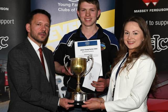 (Left to right) Hugh Doherty from Danske Bank, Ulster Young Farmer (under 21) winner Alexander Boyd from Straid YFC, and YFCU president Zita McNaugher