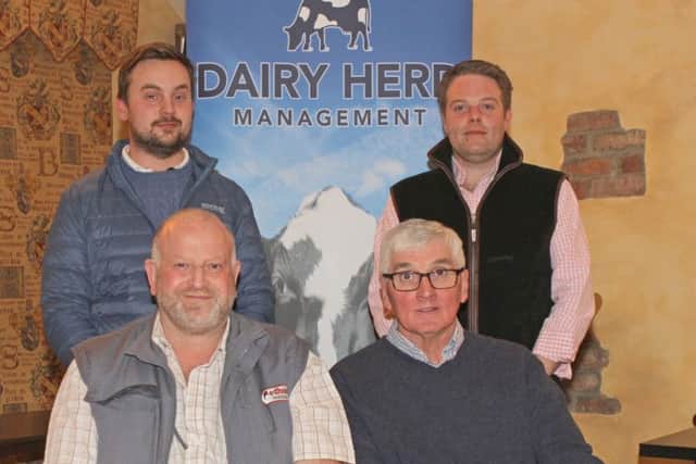 Newly elected committee members pictured at Holstein NI's 20th AGM. Jonny Matthew, James Stewart, Alan Irwin, and David Perry. Missing from the photograph is Malcolm McLean. Picture: Julie Hazelton