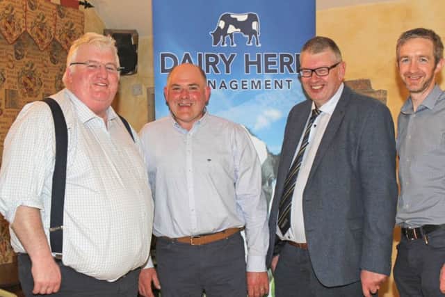 Gary Watson, right, Dairy Herd Management, sponsor, is pictured at Holstein NI's 20th AGM with newly elected office bearers, from left: Charlie Weir, chairman; Iain McLean, vice chairman; and John Martin, secretary/treasurer. Picture: Julie Hazelton