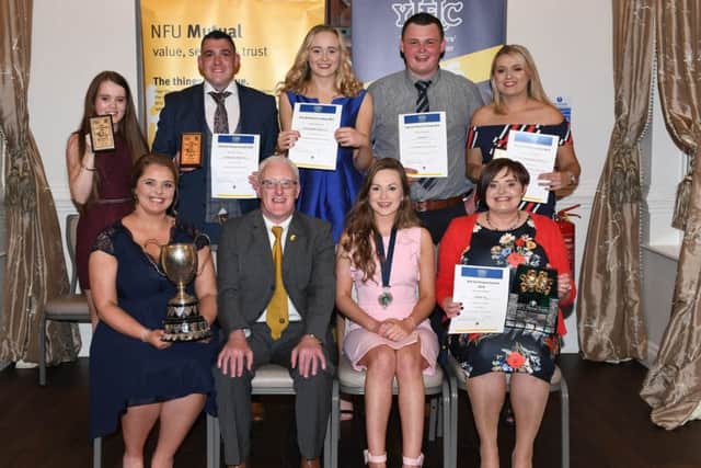 Winners of the One Act Drama Festival, Finvoy YFC with with YFCU president Zita McNaugher and NFU Mutual representative David Cairns